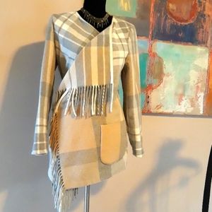 Peck & Peck Plaid Fleece Draped Front Jacket Fringe Detail Sz. S Grey/White/Tan